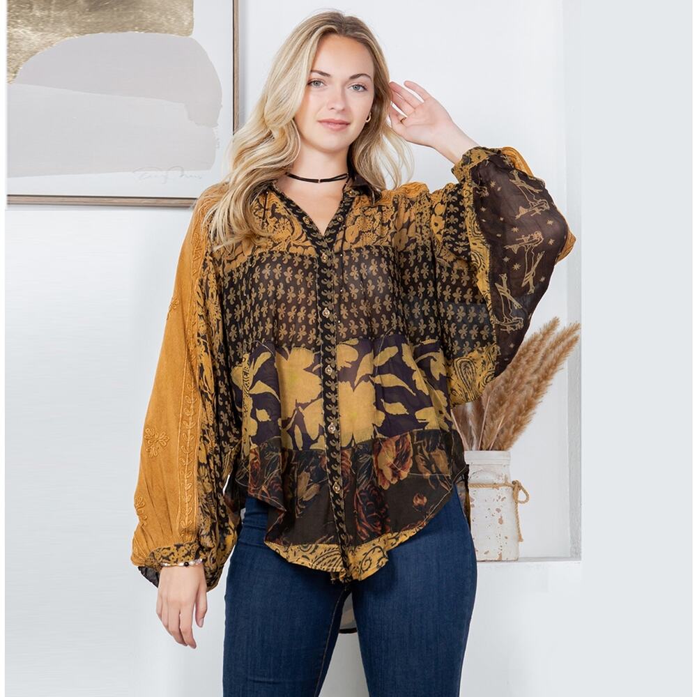 Young Threads Size XL Camel Patchwork Balloon Sleeved Shirt